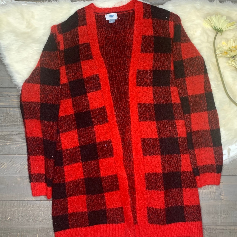SOLD Old Navy Red and Black Plaid Cardigan Sweater